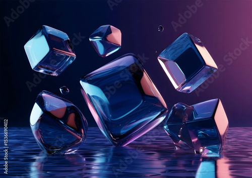 Hyperrealistic abstract art featuring floating reflective geometric forms. Deep blue and purple gradient background creates a dreamlike, immersive scene.
