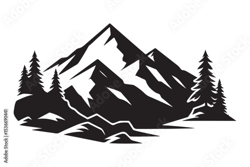 Majestic Mountain Silhouette Illustration with Evergreen Trees for Outdoor Adventure