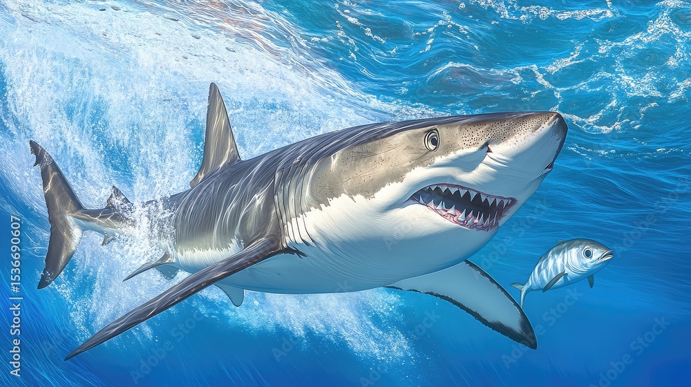 Fototapeta premium Fierce shark making a sharp turn in pursuit of a fish, sending bubbles and turbulence through the sea