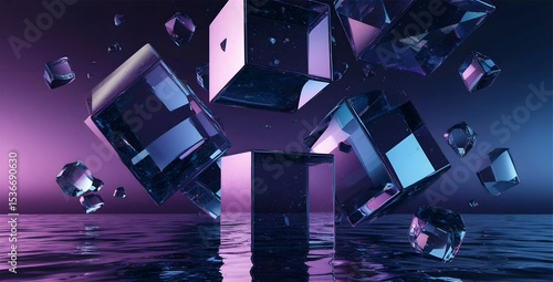 Immersive abstract composition with floating geometric shapes covered in reflective textures. Deep blue and purple gradients create a vivid, hyperrealistic atmosphere.