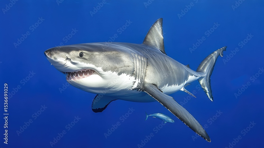Obraz premium Great white shark diving with speed through ocean currents as prey swims below