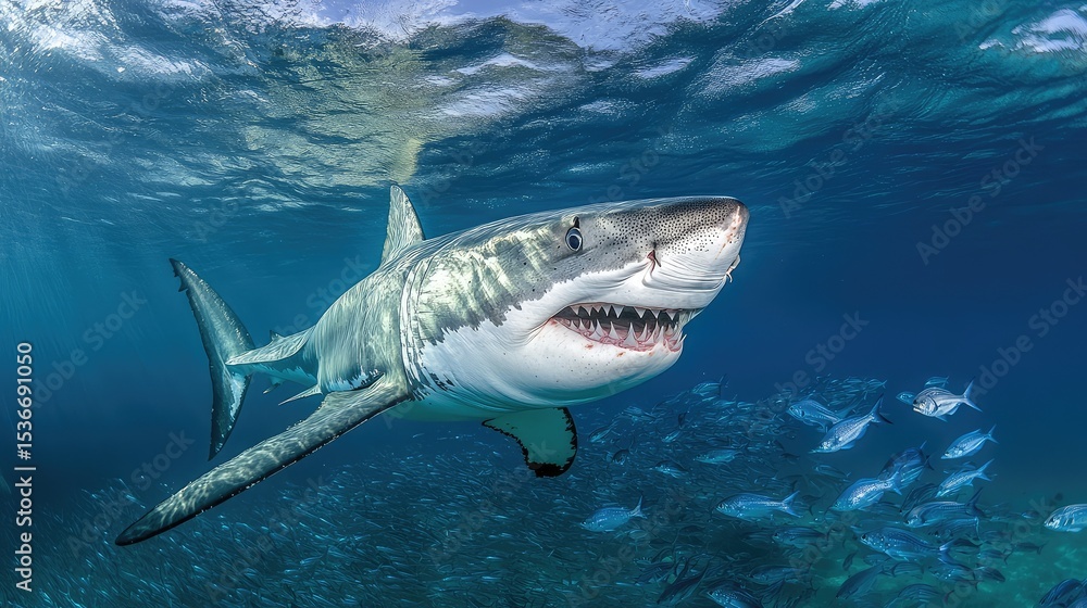 Fototapeta premium Great white shark emerging from the deep, jaws wide, approaching a school of fish in clear ocean waters