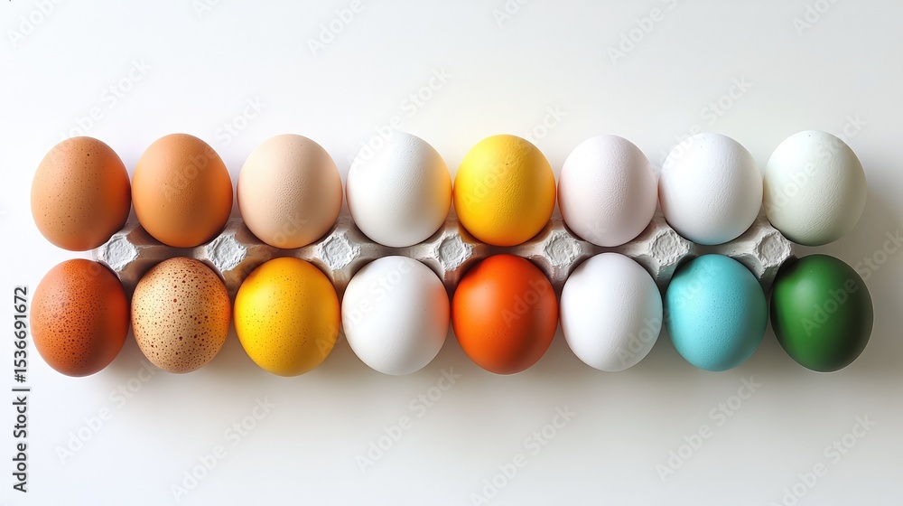 Naklejka premium Horizontal alignment of color-broken eggs resembling a spectrum on white