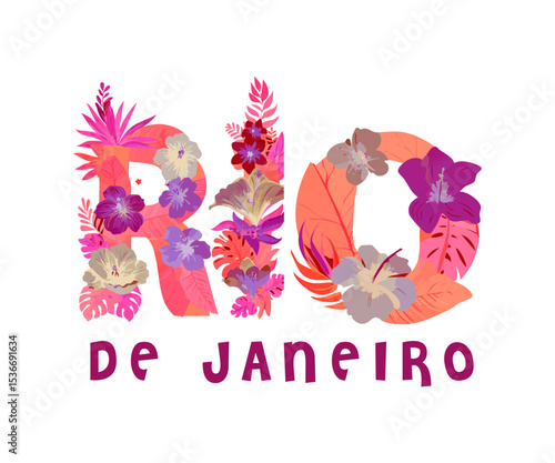A vibrant and trendy tropical floral typography design spelling 'RIO de Janeiro', perfect as a summer slogan graphic for fashion or travel-themed prints.