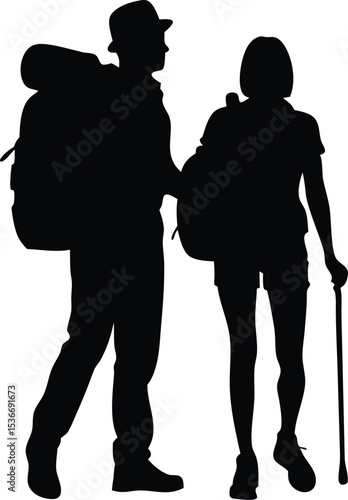 tourists couple with backpacks vector silhouette