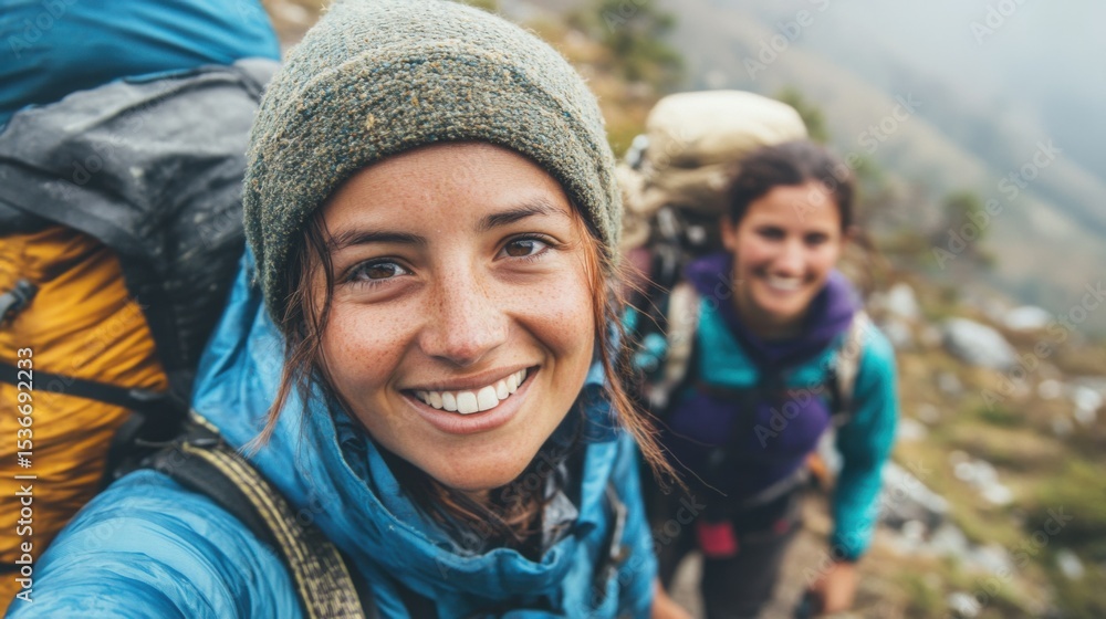 Eager female trekkers smiling during a mountain backpacking adventure outdoors Eager female trekkers smiling during a mountain backpacking adventure outdoors