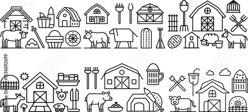 Comprehensive Farming Icons Including Animals, Buildings, and Tools
