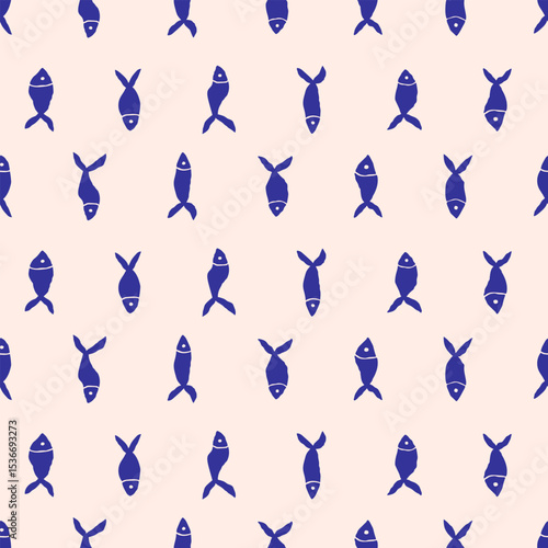 Sardine seamless pattern with marine, retro, and Mediterranean vibes. Perfect for textile, wrapping, wallpaper, and summer coastal design. Cute hand drawn print in naive, minimal, and organic style.