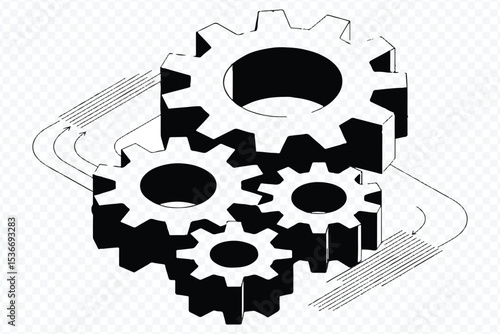 Engineering Process Concept with Four Interconnected Gears and Arrows Vector