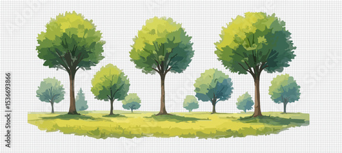 Watercolor Group of Tree hand-painted trees and shrubs in various shades of green and yellow