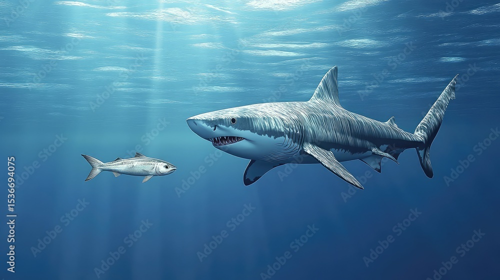 Fototapeta premium Predator shark catching a lone fish that strayed from its school in the vast ocean