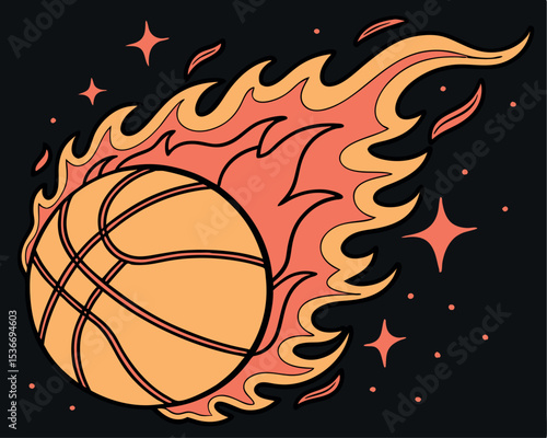 Flaming Basketball on Black Dynamic Sports Design with Fiery Energy