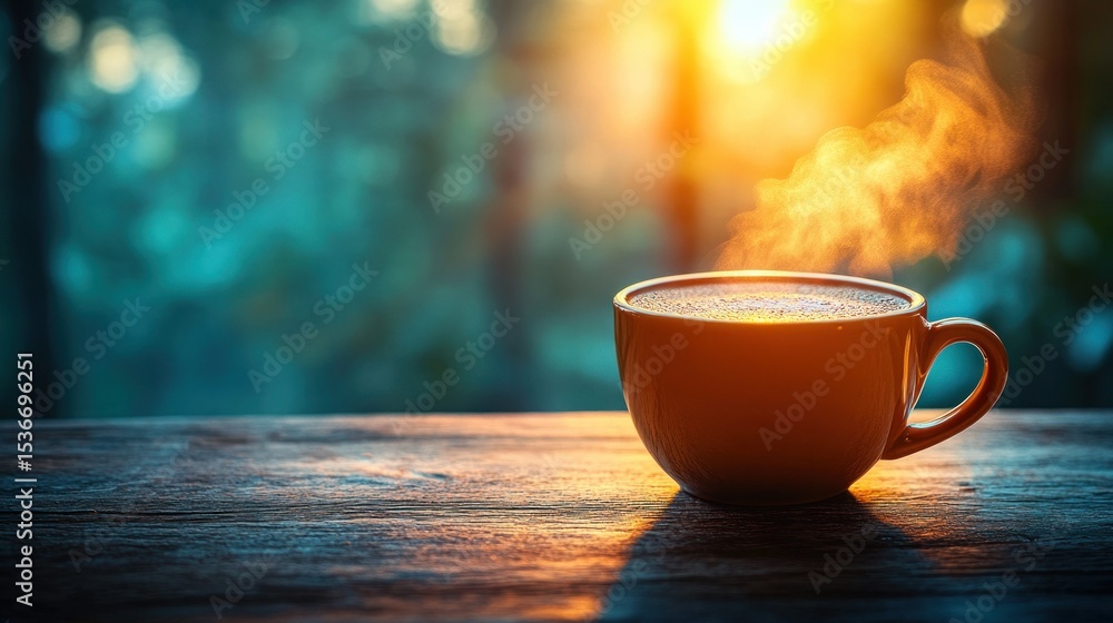 Fototapeta premium Warm coffee cup at sunrise