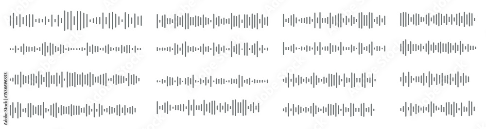 Obraz premium Podcast sound waves. Audio waveforms line icons, sound wave frequency or voice microphone signals. Music, podcast and broadcast, UI and audio branding design. Isolated vector set.