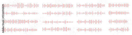 Podcast sound waves. Audio waveforms line icons, sound wave frequency or voice microphone signals. Music, podcast and broadcast, UI and audio branding design. Isolated vector set.
