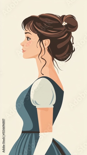 A simple illustration of Elizabeth Bennet from Pride and Prejudice, wearing a blue dress with white gloves