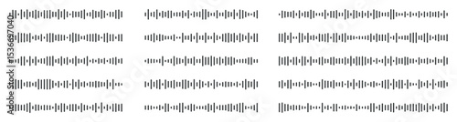 Podcast sound waves. Audio waveforms line icons, sound wave frequency or voice microphone signals. Music, podcast and broadcast, UI and audio branding design. Isolated vector set.