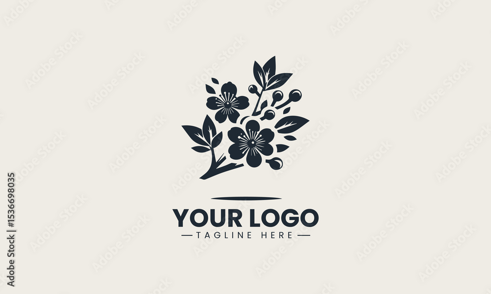 Fototapeta premium Cherry blossom tree with falling pink petals in springtime garden vector logo illustration design