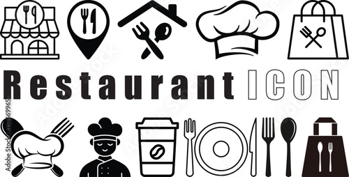  Food Delivery and Cooking Icons, Restaurant, Chef, Takeaway Vectors icon set collection.