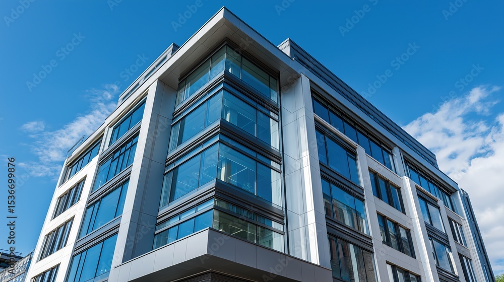 Modern glass office tower with clean lines in a business district, symbolizing professionalism and urban sophistication Modern glass office tower with clean lines in a business district, symbolizing professionalism and urban sophistication