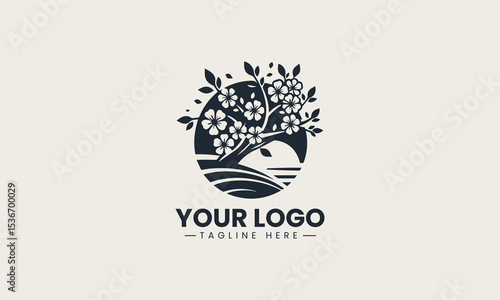 Elegant cherry blossom sakura tree in bloom represents hanami celebration in spring vector logo illustration