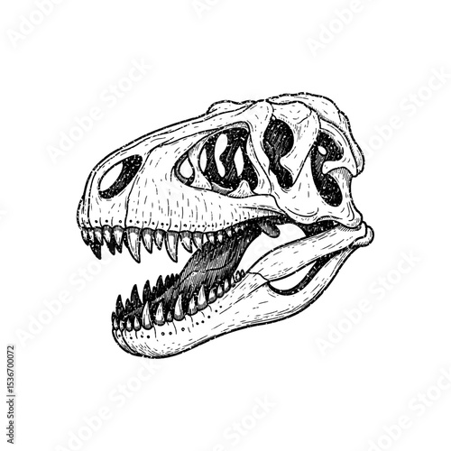 Illustration of a dinosaur skull in vintage stipple engraving style isolated on transparent background
