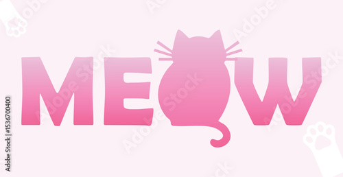 Playful Meow Typography with Cat Ears, Whiskers, Tail and Bold Pink Letters on Black Background. Cute Cartoon Animal Text Logo Design for Kids, Pets, T Shirts, Posters, Stickers, or Branding