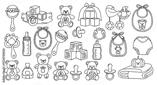 A collection of cute, hand-drawn baby items and teddy bears, perfect for nursery decor or baby shower invitations.
