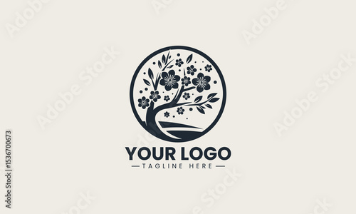 Cherry blossom trees in full bloom during hanami festival celebration in spring vector logo design