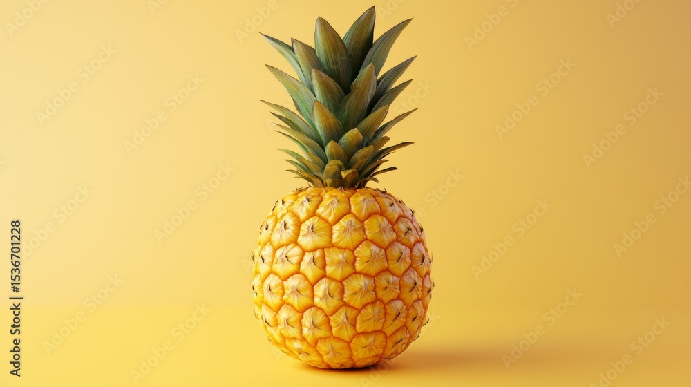 Pineapple fruit standing upright on yellow surface against warm yellow background for bright tropical concept Pineapple fruit standing upright on yellow surface against warm yellow background for bright tropical concept