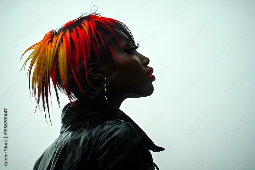 Fototapeta premium Gorgeous happy black girl - for ads, road poster and web networks use. Short hairdo - multicolored hair. Commercial digital ads layout art. African hair ads. Fashion hair trends.