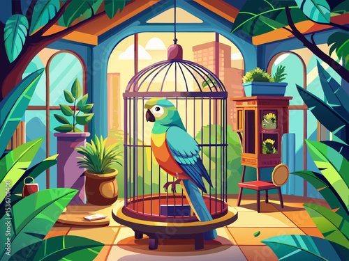 vector of A beautiful colored parrot is placed in a large cage. Newly designed living room...
