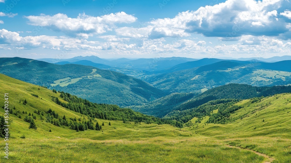 Lush green mountain landscape under a partly cloudy sky. Lush green mountain landscape under a partly cloudy sky.
