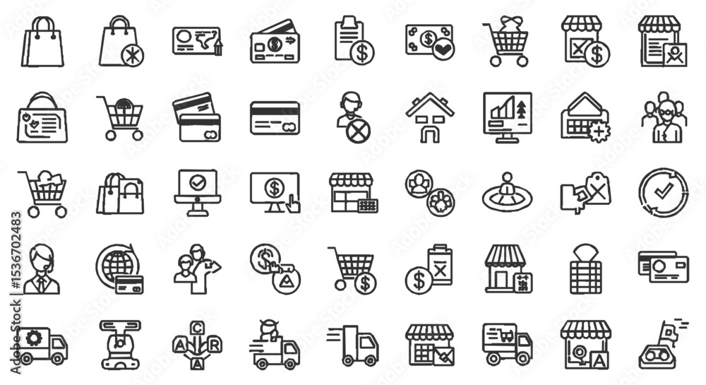 A collection of outlined icons representing various aspects of shopping and commerce.