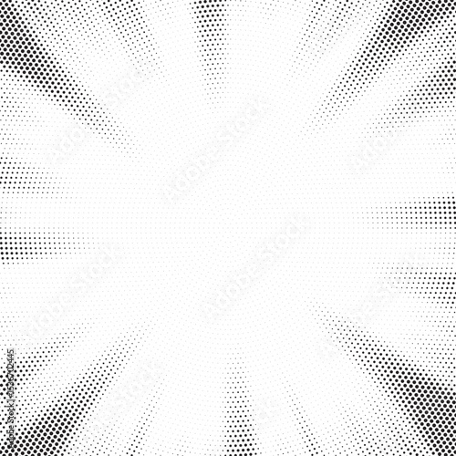 Halftone gradient sun rays pattern. Abstract halftone vector dots background. monochrome dots pattern. Vector background in comic book style with sunburst rays and halftone. Retro pop art design.