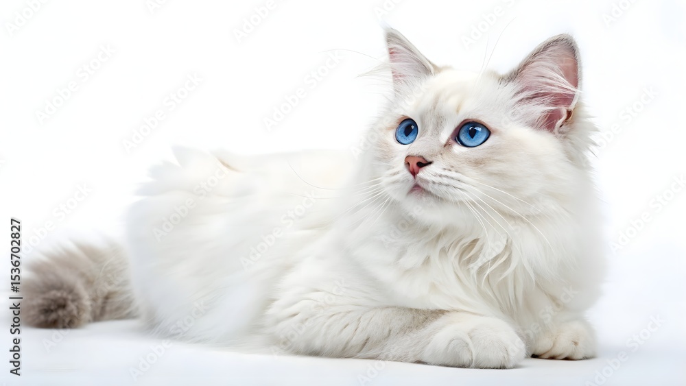 Obraz premium A fluffy white cat with striking blue eyes lying down on a white surface looking up and to the right