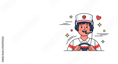 Vector Character of Ambulance driver with radio headset – Medical Hero Nurse Doctor Vaccination Illustration, Flat Style Medical Worker Administering Vaccine Scene
