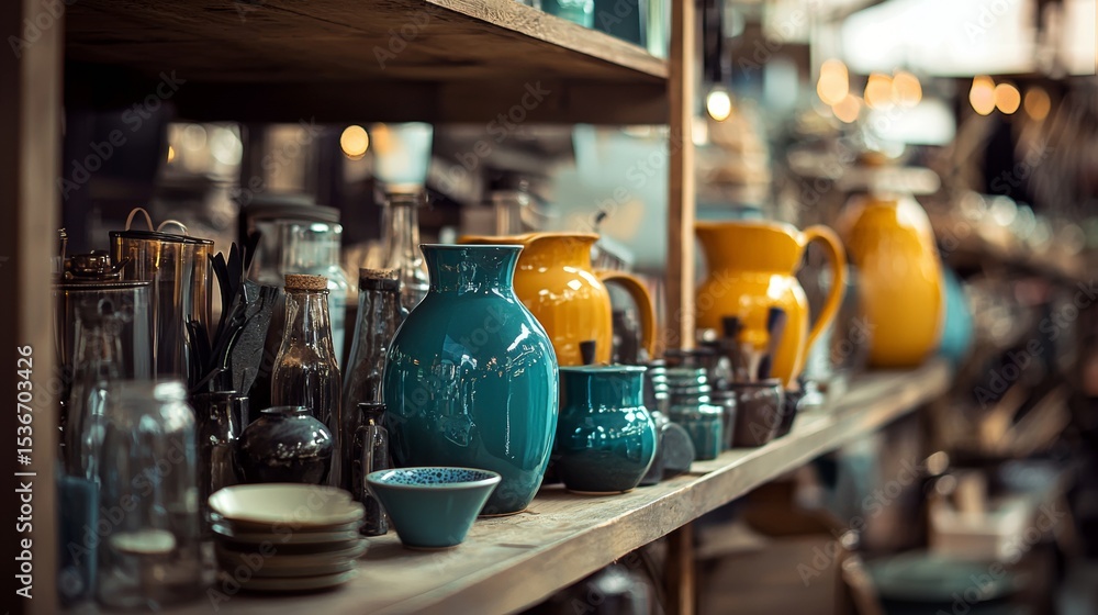 Colorful ceramic vases jars and bowls displayed neatly on wooden shelf in artisan pottery shop interior Colorful ceramic vases jars and bowls displayed neatly on wooden shelf in artisan pottery shop interior
