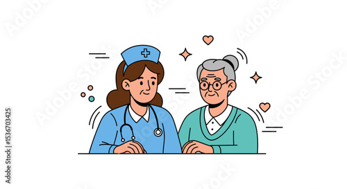 Vector Character of Homecare nurse visiting elderly patient – Medical Hero Nurse Doctor Vaccination Illustration, Flat Style Medical Worker Administering Vaccine Scene