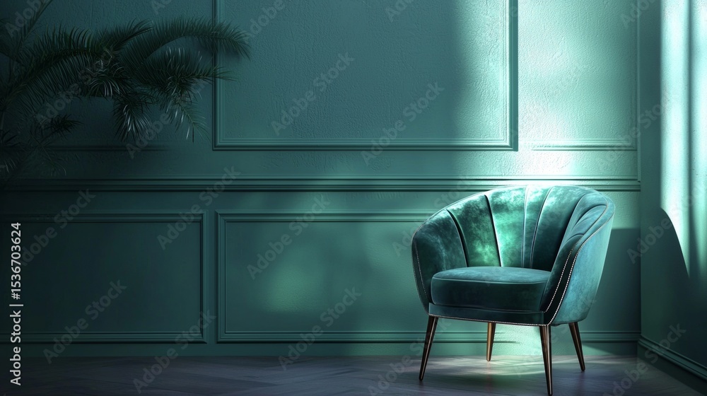 Obraz premium Moody teal living room with velvet accent chair potted plants and dramatic window light effects