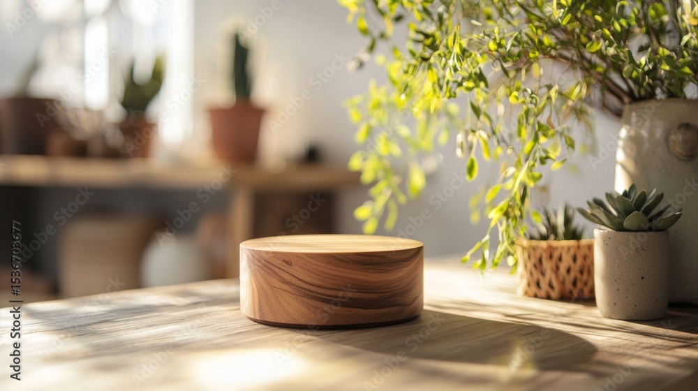 Fototapeta premium Round wooden container lid placed on tabletop surrounded by succulent plants under warm morning light