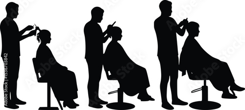 Silhouette illustration showing multiple clients receiving haircuts and grooming services in a barbershop