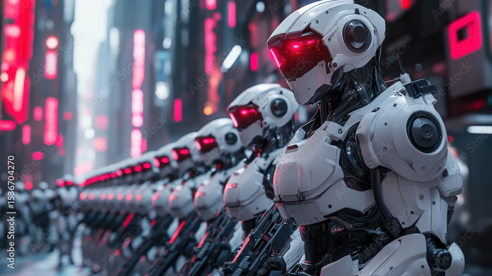 Robotic Police Officers in the City. A line of futuristic humanoid robotic police officers stand ready in a neon-lit cityscape. The robots are designed to protect and serve. Robotic Police Officers in the City. A line of futuristic humanoid robotic police officers stand ready in a neon-lit cityscape. The robots are designed to protect and serve.