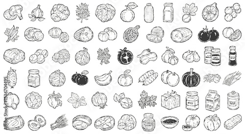 Collection of hand-drawn food illustrations including vegetables, fruits, and preserved items like pickles and jams.