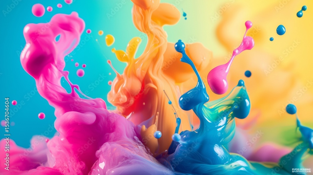 Obraz premium Vibrant paint splashes in pink yellow and blue frozen midair against clean white background dynamic art