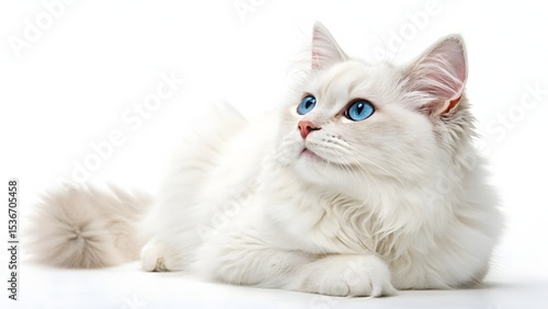 A fluffy white cat with striking blue eyes lying down on a white surface looking upwards intently