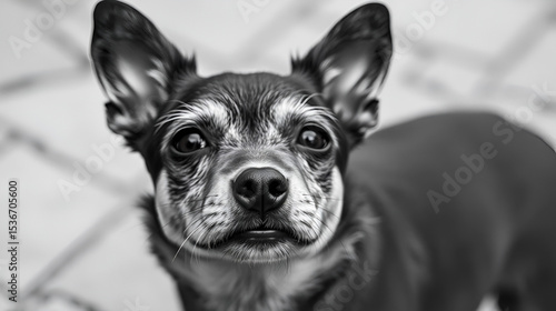 Vertical greyscale closeup shot of a cute Prague ratter dog