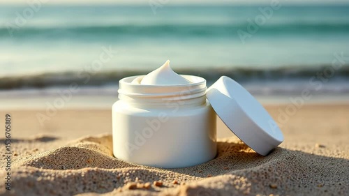 Mockup White Tube Bottle Cosmetic Jar on sand of beach. AI Generative
