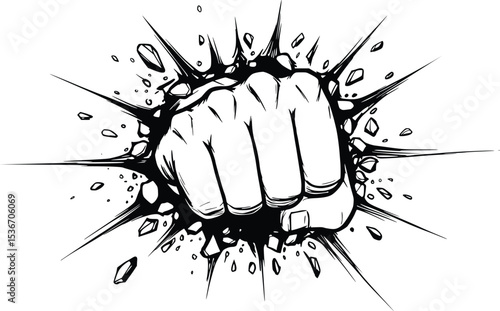 Powerful clenched fist breaking through surface with explosive debris and impact lines in bold black-and-white illustration

