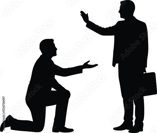 Silhouette illustration showing power dynamic as kneeling figure pleads to standing person holding briefcase

